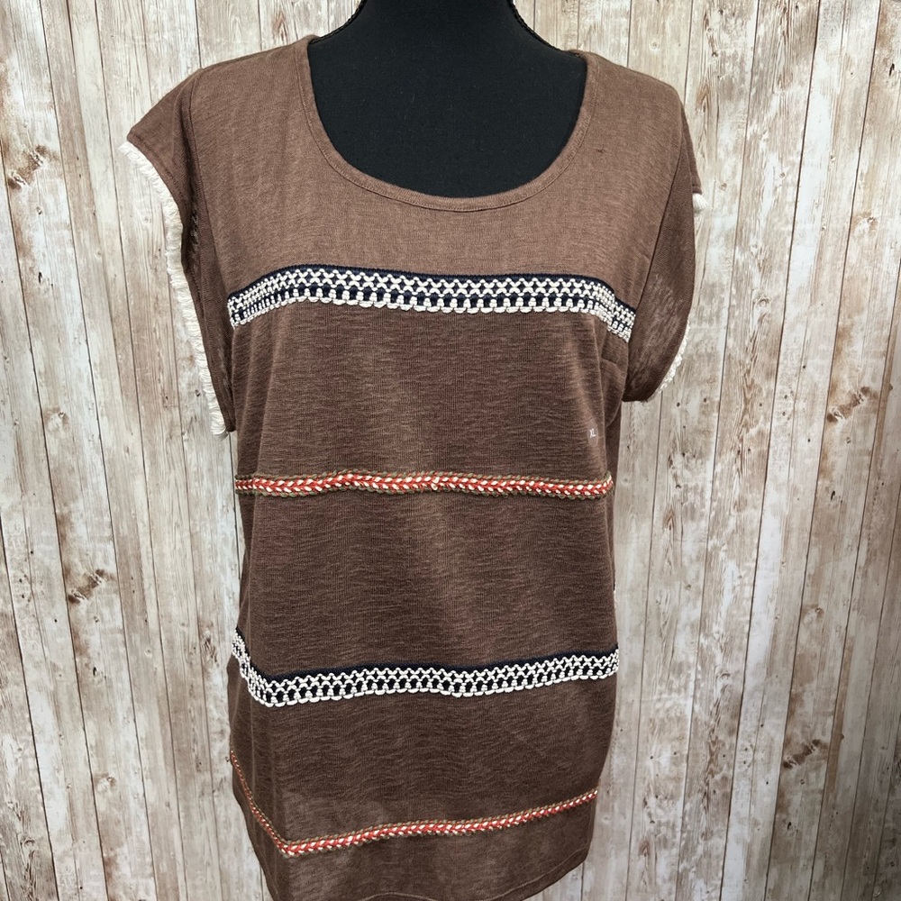 Cato Brown and White Cap Sleeve Boxy‎ Blouse